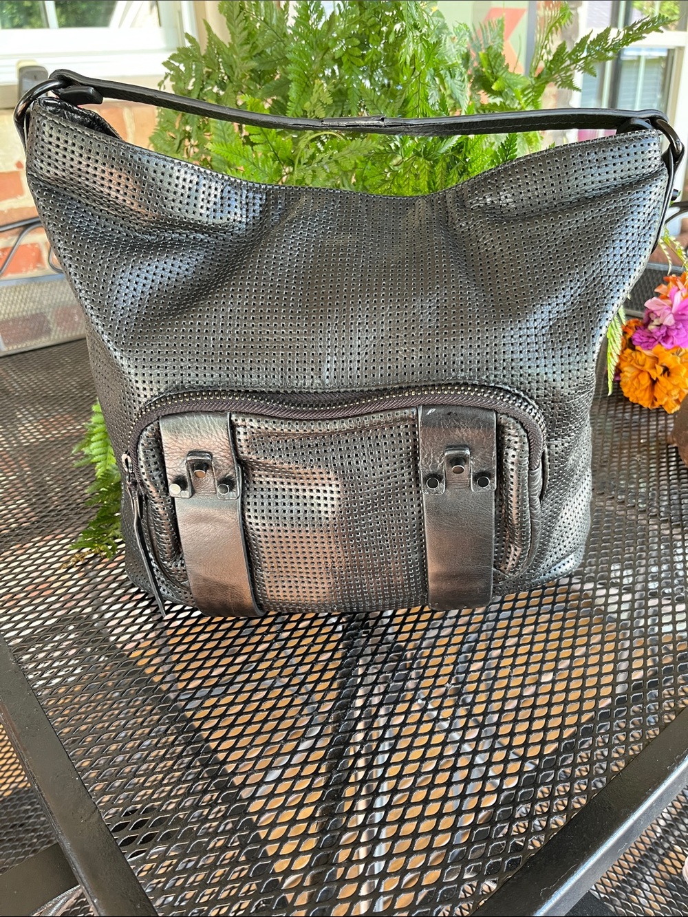 She + Lo Black Leather Perforated Shoulder Hobo Bag - Women's Everyday Tote